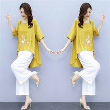 2021夏季新款简约气质圆领复古盘扣装饰时尚图案刺绣棉麻两件套，女装套装/套裙，韩宇舍