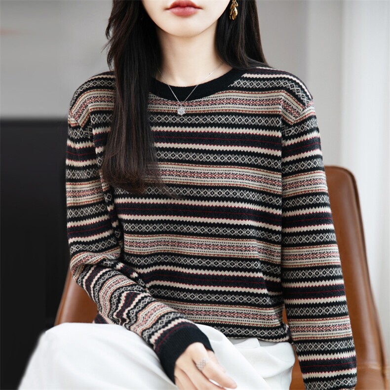 2025年秋季单件长袖羊毛拼色彩条时尚百搭通勤,女装羊毛衫,暖娇绒包芯纱店