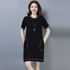 2024年夏季圆领纯色高腰时尚舒适短袖简约百搭个性中长款，女装连衣裙，秋牧寒烟
