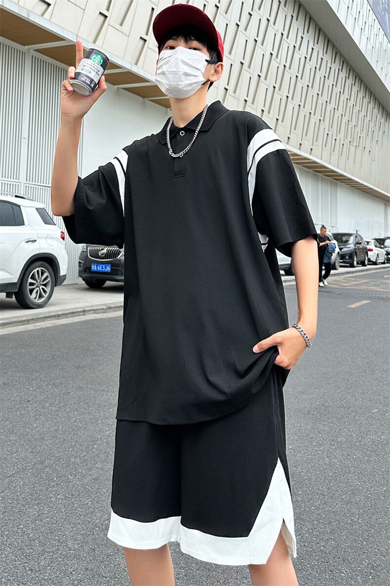 现货主推大码港风情侣翻领polo冰丝防晒五分裤日系套装S17P65,男装牛仔裤,电商B226-2（原B217-2）
