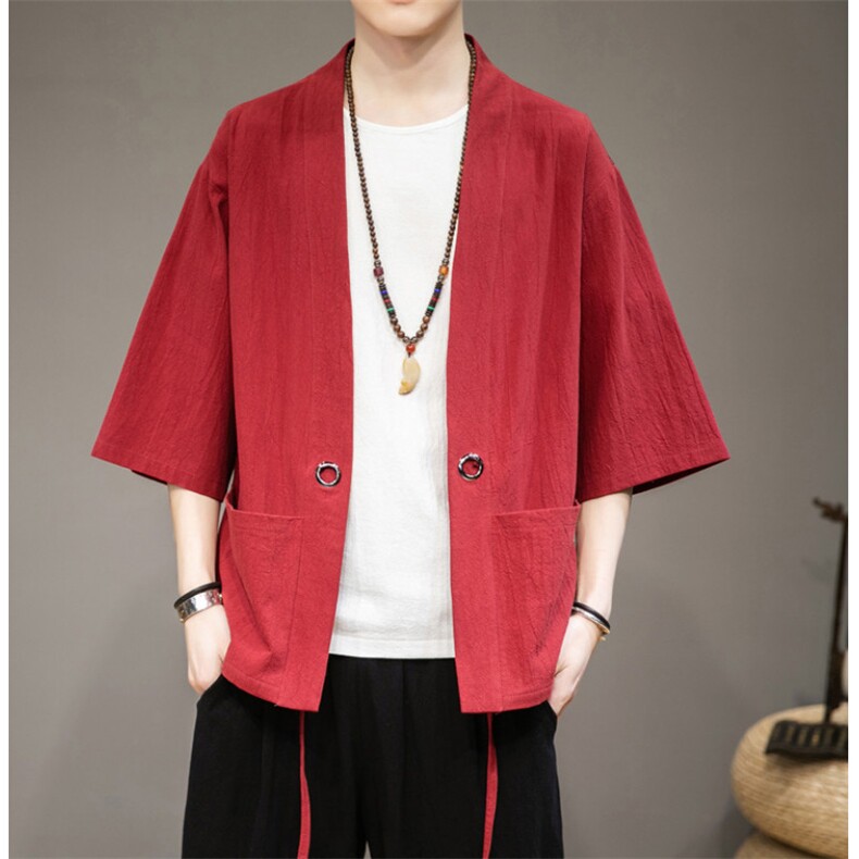 F868P45咖啡厅风潮流时尚大码七分袖休闲棉麻印花开衫汉服,男装T恤,电商A026
