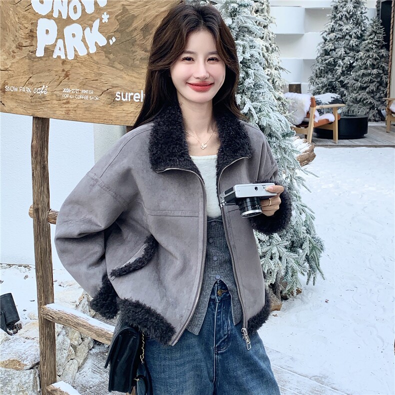 立领加厚保暖皮毛一体外套女短款机车服冬季宽松麂皮绒羊羔毛棉衣,女装短外套,艾米莉亚