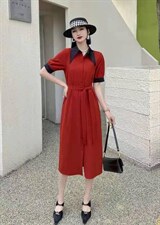 中式扣撞色连衣裙，女装连衣裙，迪蔓君翔