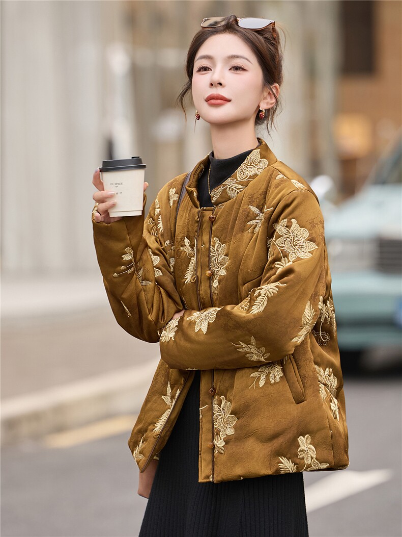 现货秋冬季薄棉绣花棉衣新中式复古洋气棉袄时尚潮流,女装棉衣/棉服,木橙西子