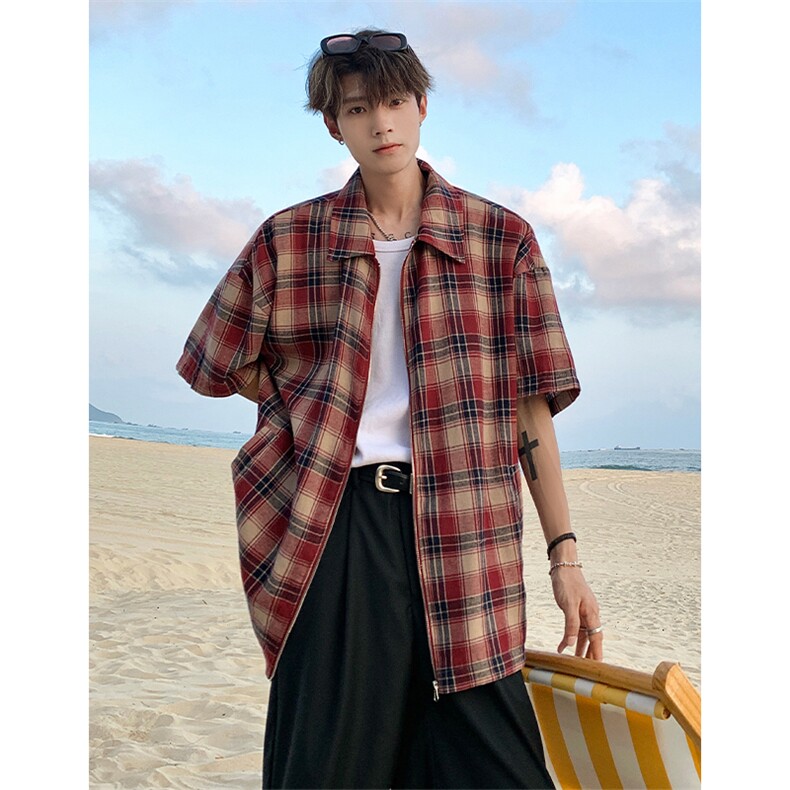 格子衬衫X2466-TP35控价58夏新五分袖衬衫宽松潮牌痞帅格纹外套,男装衬衫,电商A102-1