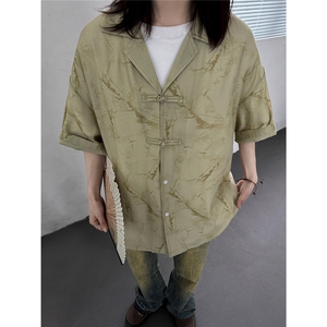 新中式中性盘口提花冰丝垂感短袖衬衫男女情侣衬衣薄外套S311P48图片