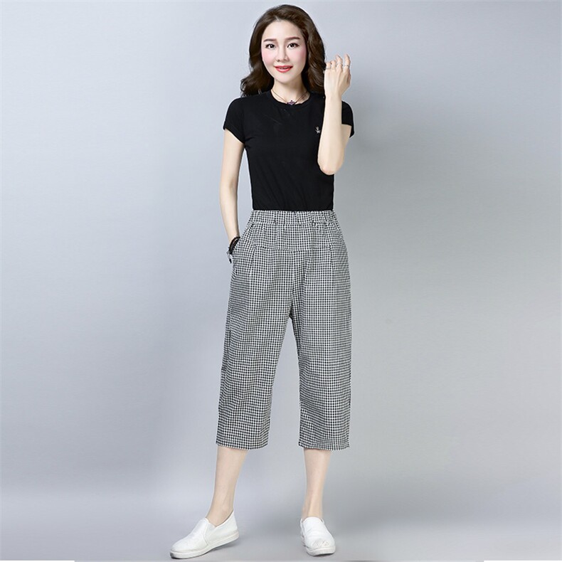 2025年夏季格子七分裤/九分裤直筒中腰布棉裤子格子气质百搭宽松,女装休闲裤,风姿绰