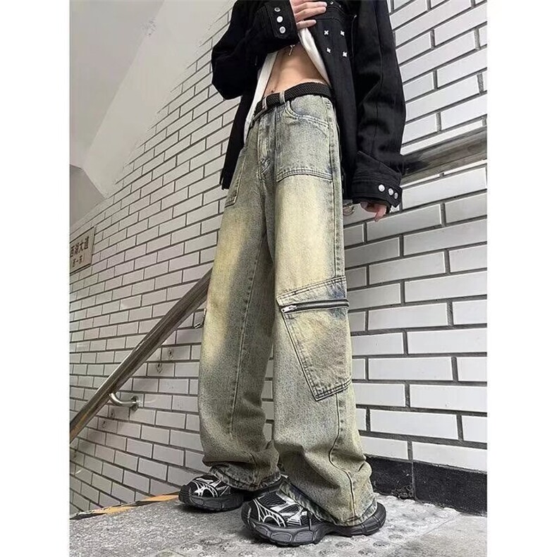 1506/Q1050/P52美式高街水洗多口袋工装牛仔裤宽松黑色阔腿裤子,男装牛仔裤,星座1506
