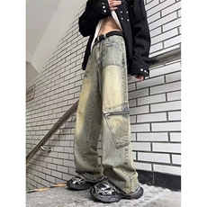 1506/Q1050/P52美式高街水洗多口袋工装牛仔裤宽松黑色阔腿裤子，男装牛仔裤，星座1506