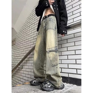 1506/Q1050/P52美式高街水洗多口袋工装牛仔裤宽松黑色阔腿裤子图片