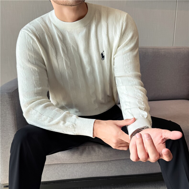 老钱风羊毛麻花条针织衫男小战马刺绣圆领毛衣宝蓝色M8528-P78,男装针织衫/毛衣,电商A213