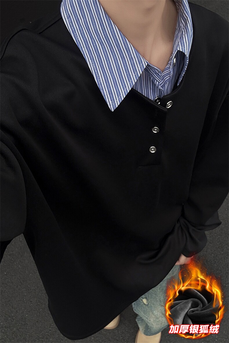 假两件衬衫领保暖加绒银狐绒大码长袖卫衣男W2343J加绒-特P40控78,男装衬衫,电商A001