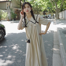 减龄开衫海军娃娃领杏色连衣裙女夏季2025新款初恋清纯奶甜长裙子，女装连衣裙，浙宝276（原081）