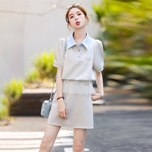 时尚休闲polo领套装裙女2025夏新款减龄蕾丝拼接洋气半身裙两件套图片