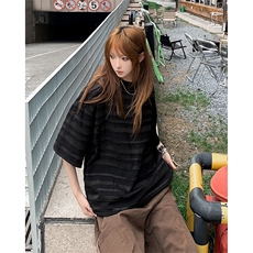 条纹短袖t恤男女夏季2024新款冰丝痞帅潮牌7七分袖潮流衣服，男装T恤，星座410-7