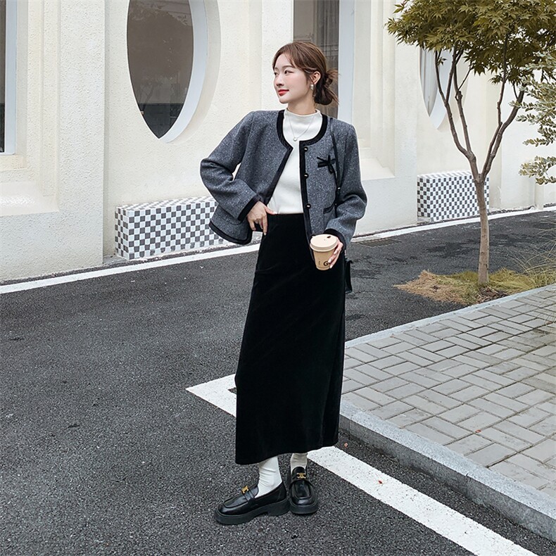 灰色撞色小香风外套半身裙两件套女秋冬2025新款设计高级感套装,女装套装/套裙,欧黛芙妮