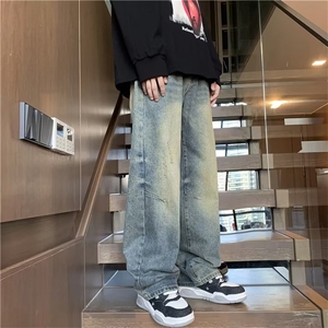 水洗做旧牛仔裤男春秋美式复古宽松阔腿直筒拖地长裤炸街痞帅裤子图片