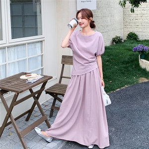 高级感泡泡袖紫色套装裙女2025夏季新款韩系显瘦上衣半身裙两件套图片