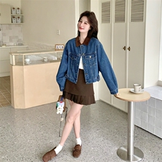复古水洗牛仔短款外套女2026年春季新款撞色小个子翻领夹克上衣，女装短外套，2D076