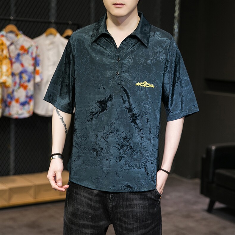 2025新款男士夏季提花短袖T恤衬衫翻领汉服刺锈A227-T2117-P55,男装T恤,电商A227A
