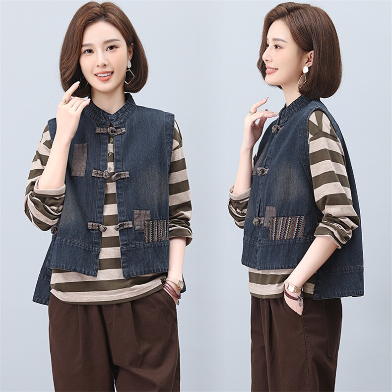 国风盘扣新中式牛仔马甲女2025春新款气质复古衬衫马夹，女装马甲，江忆布依