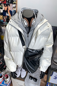 405A  美式高街个性连帽设计假两件pu皮棉服   MY24920-P158控188图片