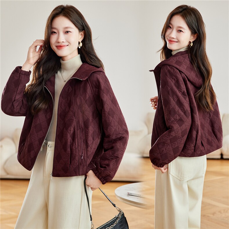 2026年春季宽松连帽菱形格夹棉短外套上衣，女装短外套，简韵佳