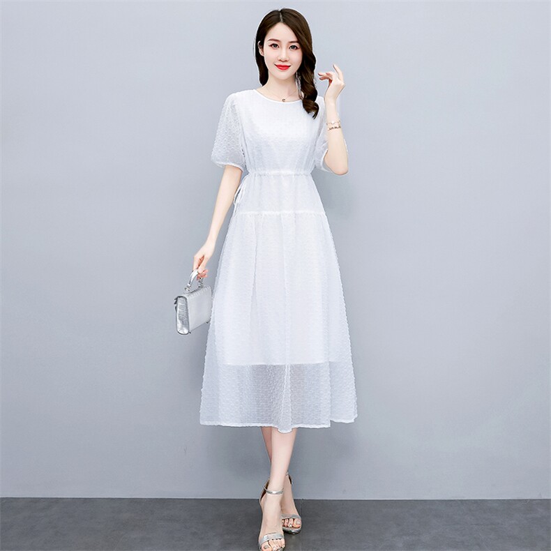 现货2022年夏季新款时尚气质简约大方抽绳优雅中长连衣裙,女装连衣裙,盈茜