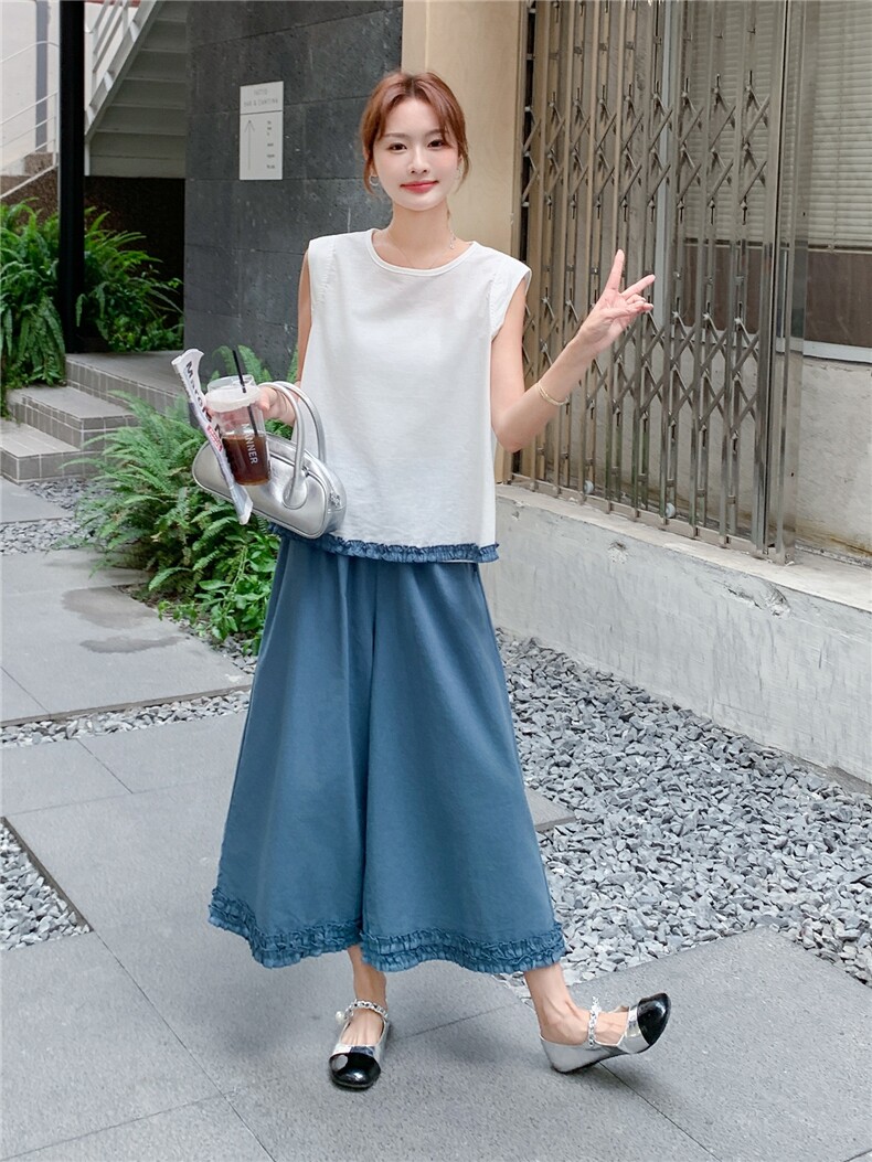 韩版温柔甜美木耳边背心套装女2025夏季新款显瘦撞色阔腿裤两件套,女装套装/套裙,慧尚2-185