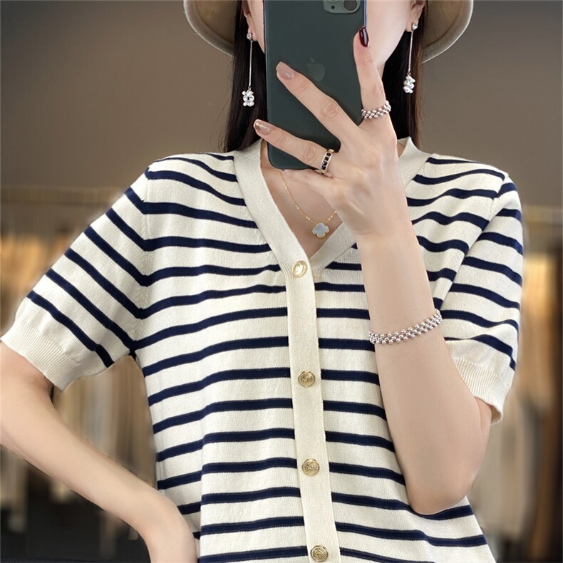 法式高级感小香风开衫上衣黑白条纹v领纯棉针织短袖t恤女夏季薄款,针织衫/毛衣,斯美雅电商供货