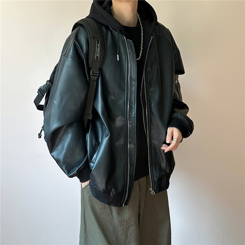 2025现货假两件连帽PU皮衣外套宽松皮夹克A354-AP2467-p135,男装夹克,电商A351