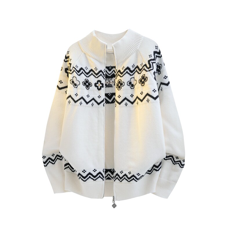 现货民族风花瓣费尔岛宽松慵懒感开衫立领毛衣男女同款针织外套，男装针织衫/毛衣，星座302B-3