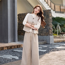 韩系高级感马甲+打底衫+休闲阔腿裤套装女2026春装新款三件套套裤，女装套装/套裙，流量+