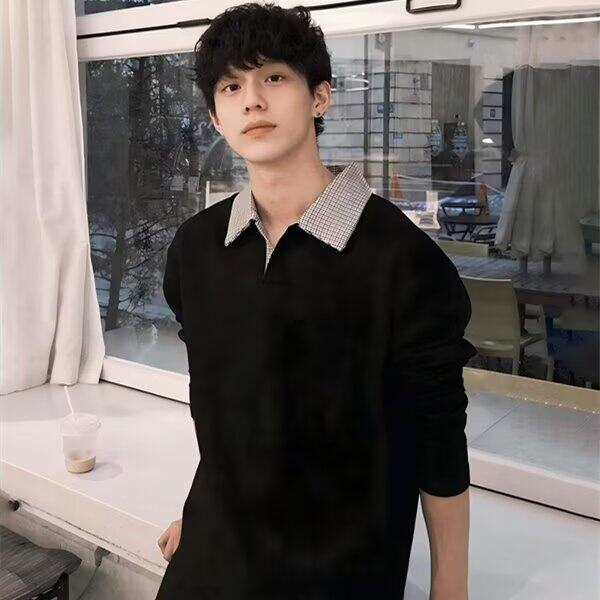 DP0605-P35简约格子假两件polo翻领卫衣长袖打底衫无帽套头上衣，男装Polo衫，电商C233