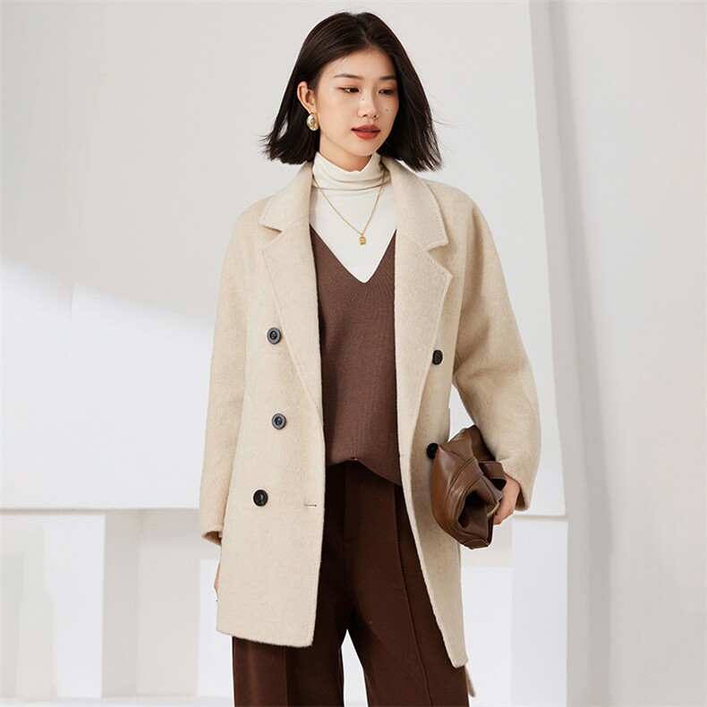 中短款双排扣2024年秋冬季新款针织羊毛双面呢大衣女士，女装双面呢大衣，织美生