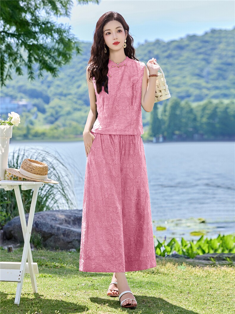 现货2026夏季新中式老钱风提花新款套装两件套,女装套装/套裙,伊仟回