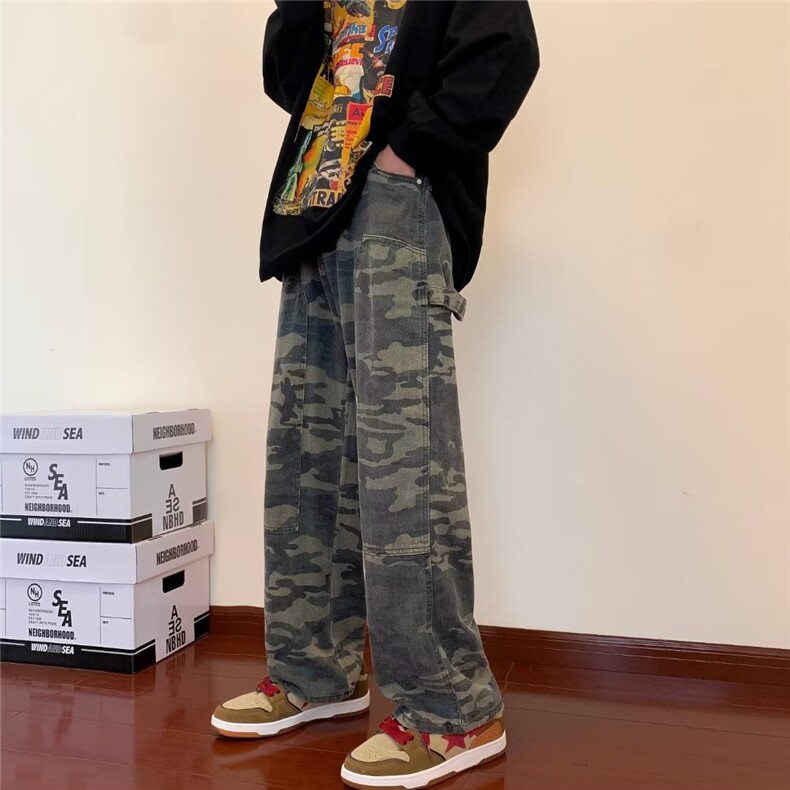 美式迷彩裤男直筒工装牛仔裤hiphop高街ins水洗休闲长裤MC37-P53,男装牛仔裤,星座1008-1