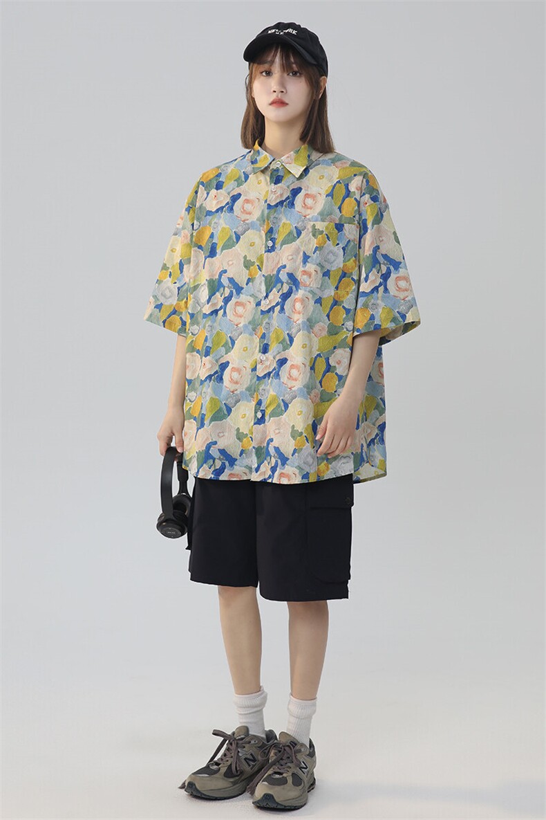 清凉大码宽松中性情侣碎花休闲短袖衬衫225-2-CS802-P38控49,女装衬衫,星座225-2