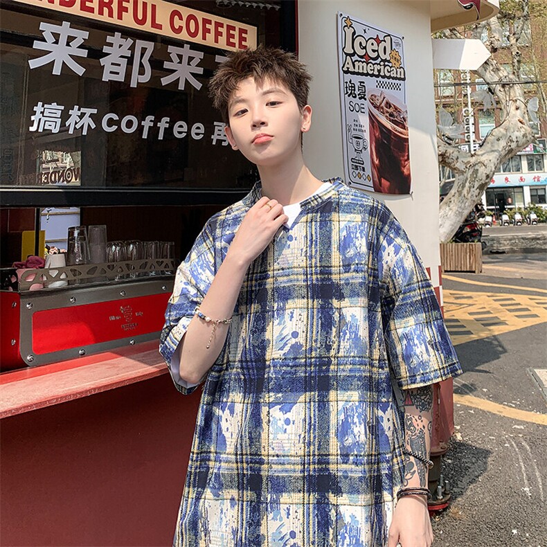 2026夏装美式扎染印花冰丝冰凉格子男五分袖T恤 T5508/特P25 蓝5图片