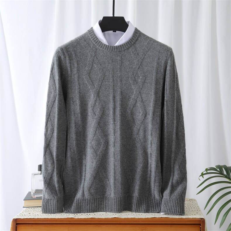 高品质男士羊绒套衫秋冬加厚保暖提花圆领时尚百搭灰色长袖毛衣男装，男装羊绒套衫，晨晟羊绒