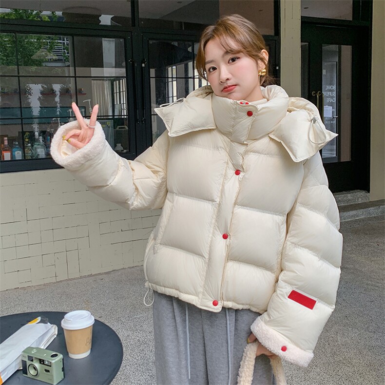 2024冬季新款仿羊羔毛拼接羽绒服短款白鸭绒加厚面包服90白鸭绒,女装羽绒服,韩蜜菓