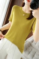 圆领新款针织短袖女纯色短袖简约百搭宽松套头上衣内，女装针织衫/毛衣，戎洋