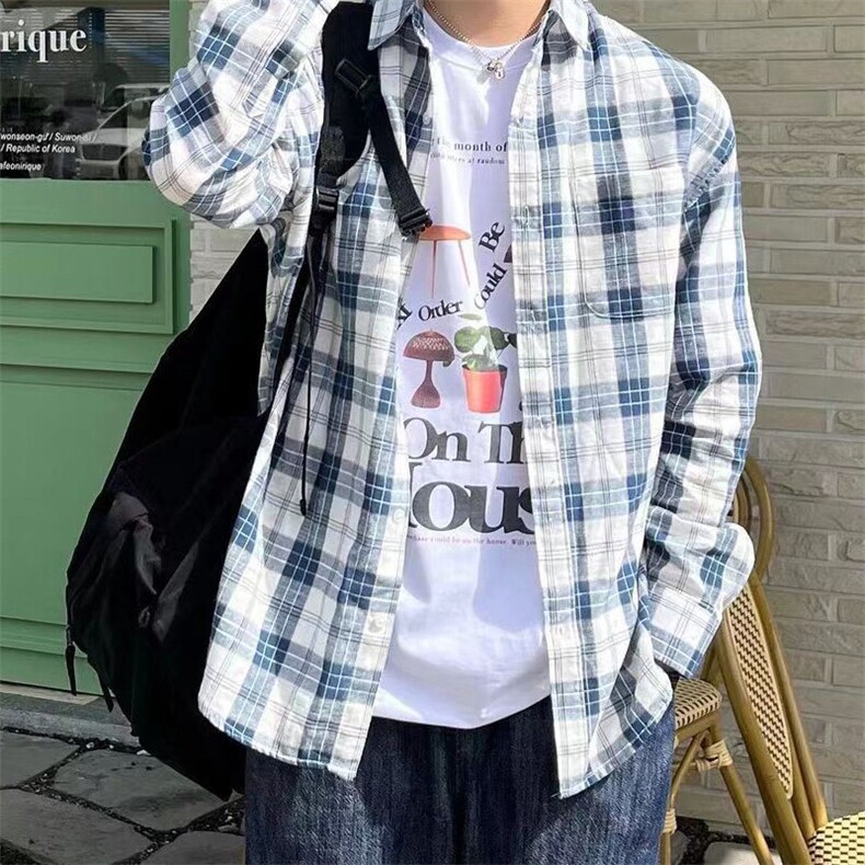 现货~男式长袖衬衫宽松格子衬衣男装薄外套XZ815-4-CS813P55,男装衬衫,星座716A（原星座815-4）