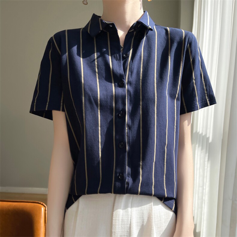 2025春夏新款翻领系扣休闲条纹衬衫女士减龄气质时髦百搭长袖衫,女装衬衫,宛庄羊绒