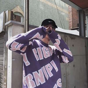 2021毛衣男韩版圆领套头字母情侣潮流宽松个性针织衫T006-P70图片