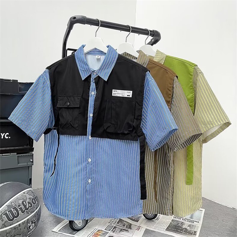 欧美街头撞色条纹假两件衬衫男夏季潮牌美式复古工装短袖衬衣,男装衬衫,星座716-3