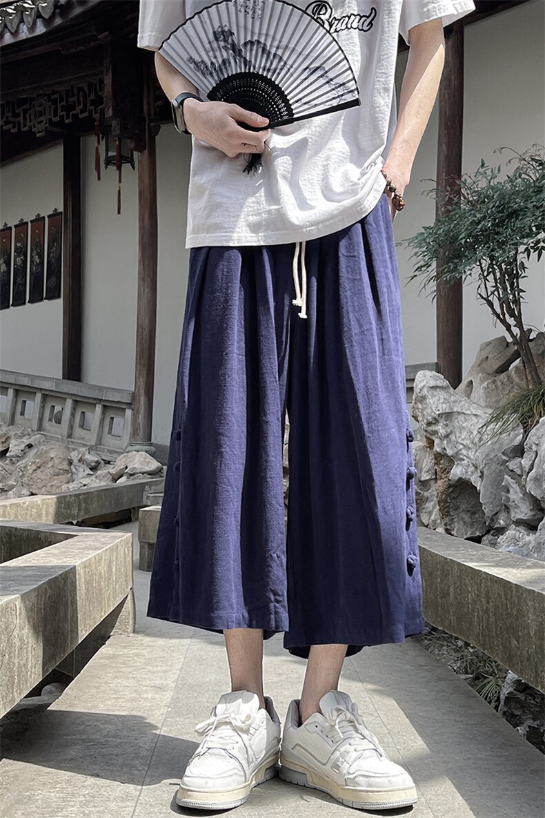8XL-M新中式亚麻裤男七分裤阔腿裤垂感休闲短裤风棉麻K966P45,男装牛仔裤,电商D206-1