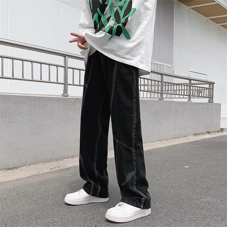 设计感拼接牛仔裤撞色2023夏新款重工百搭直筒裤N7013P45图片
