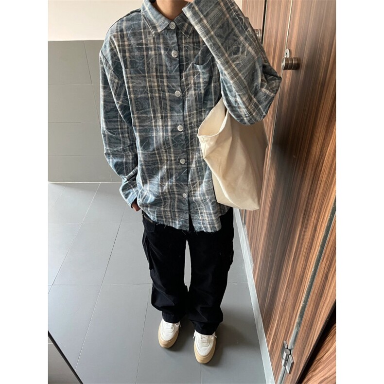 格子衬衫男长袖水洗树纹宽松休闲上衣美式复古衬衣潮CS691-P50,男装衬衫,星座1007（原301D）