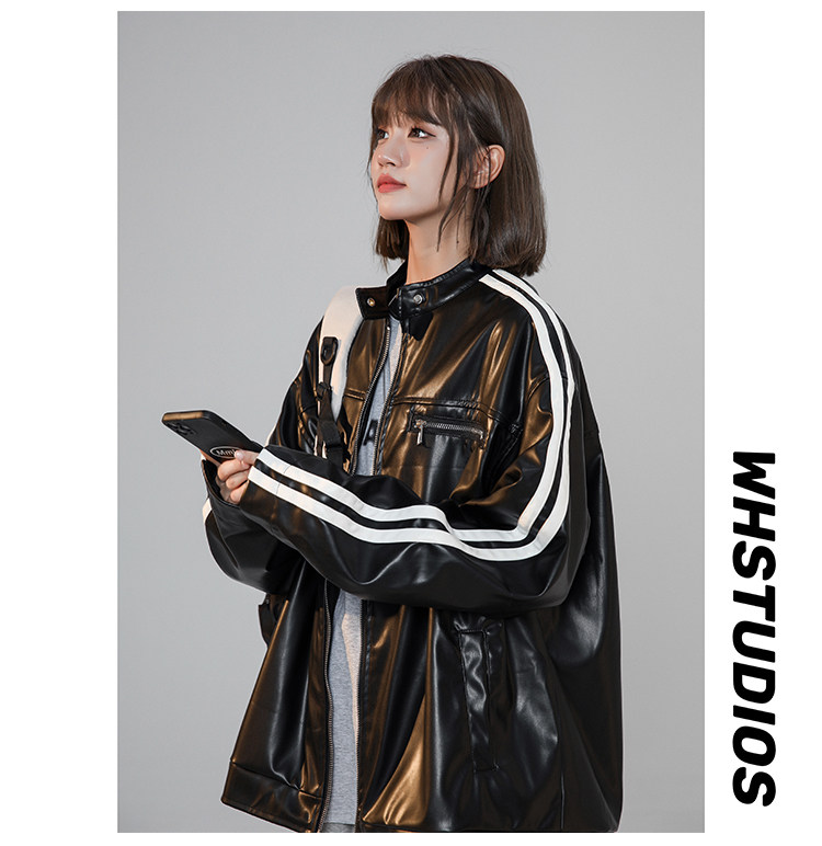 美式撞色条纹小立领PU皮衣情侣机车服夹克外套JK2315-P98控128,男装夹克,星座221-1